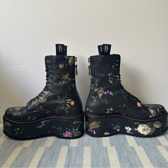R13 Black Floral Double Stack Platform Lace-Up Boots size US 8 EU 38 - Picture 4 of 13